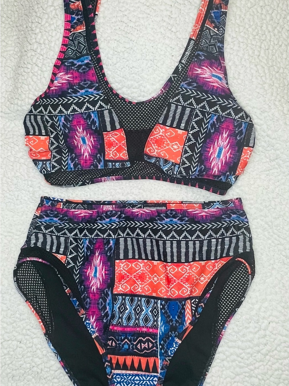 YMI Black Swimsuit with Neon Pink & Orange Aztec Trim